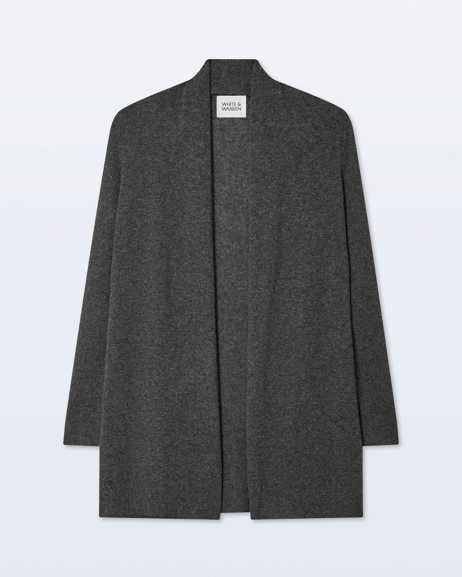 The Cashmere Trapeze Cardigan in Dark Slate Heather by White & Warren is a long, open-front cardigan with a straight cut and no visible closures, shown flat against a light background.