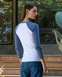 NSF Clothing Aria Fitted Baby Rib Raglan Tee in White/Indigo