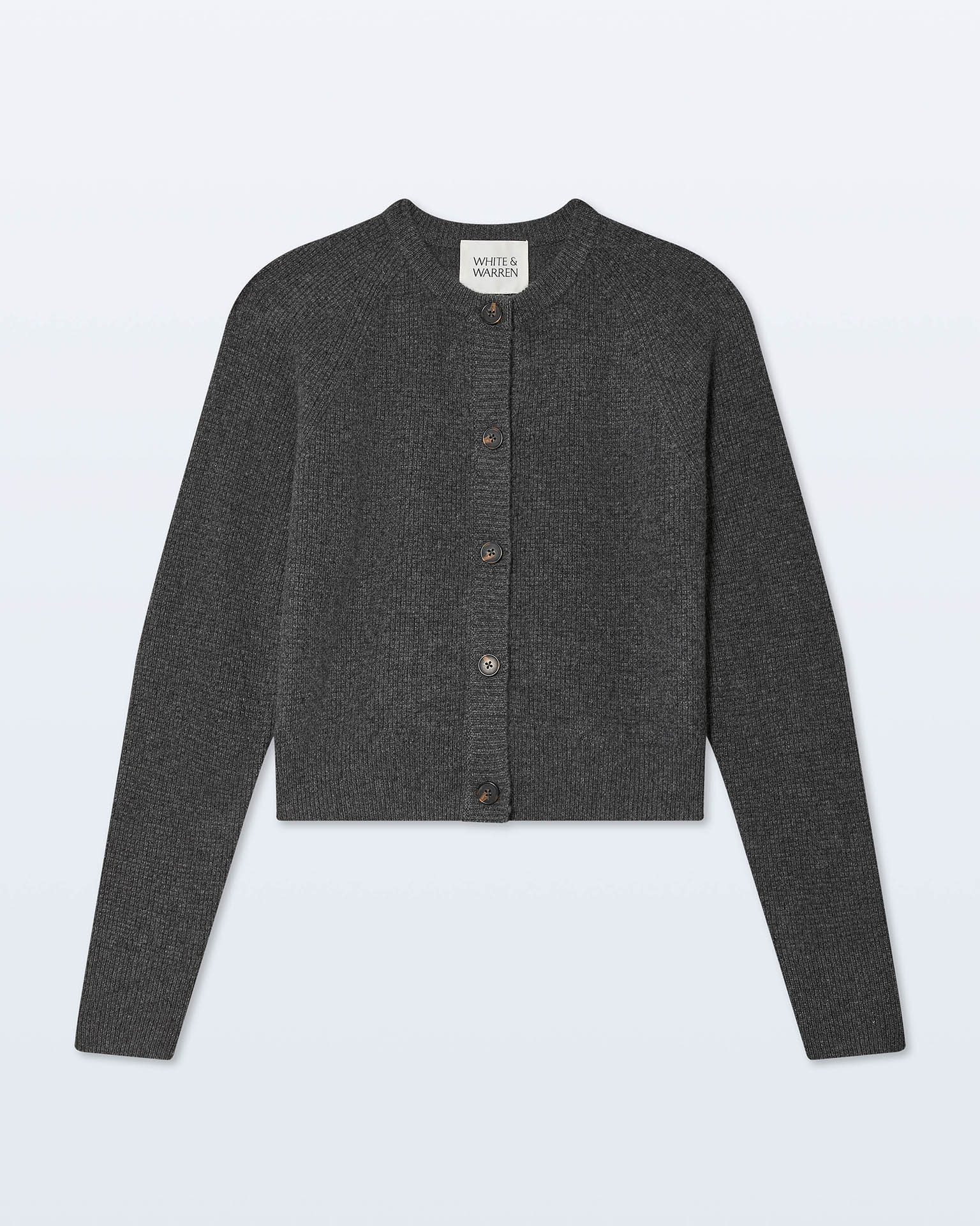 The White & Warren Cashmere Waffle Cardigan in Dark Slate Heather features long sleeves, ribbed knit texture, a crew neckline, and front button closure, shown flat on a light background.