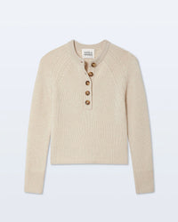 The White & Warren Cashmere Luxe Henley in Natural Heather is a lightweight cashmere sweater featuring long sleeves, ribbed cuffs and hem, a classic four-button henley neckline, and textured shoulder detailing.