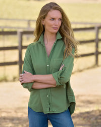 Eileen Relaxed Button-Up Shirt in Nori Distressed Denim