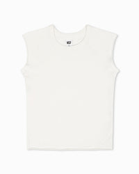 The NSF Chloe Fitted Slub Jersey Muscle Tee in Soft White is a sleeveless crew neck tee with an NSF label at the collar, shown laid flat on a white background.