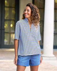 Patty Popover S/S Henley in White & British Royal Navy Stripe Jersey - Bliss Boutiques