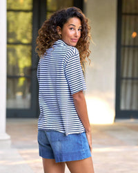 Patty Popover S/S Henley in White & British Royal Navy Stripe Jersey - Bliss Boutiques