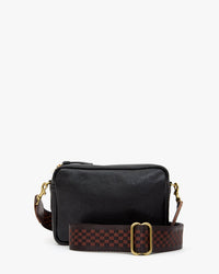 A Clare V. bag with an Adjustable Crossbody Strap - Checkered in Chocolate, featuring a brown and black checkered pattern and gold-tone hardware, is displayed on a white background.