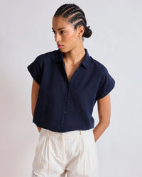 Hartford Teno Short Sleeve Button Up in Navy