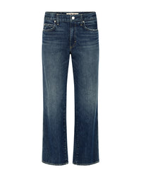 AMO's Billie in Metaphor jeans are blue, mid-rise, straight-leg with front and back pockets and subtle thigh fading, providing classic comfort and style.