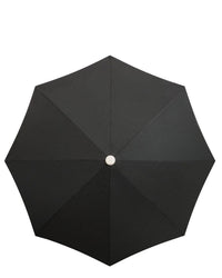 The Amalfi Umbrella - Rivie Black by Business & Pleasure Co is shown from above, featuring an eight-panel, UV and water-resistant canopy with a unique circular center hub.