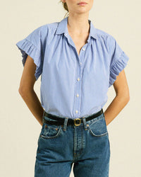 Marianne B Ruffle Slv Shirt in Blue/White Stripe