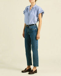 Marianne B Ruffle Slv Shirt in Blue/White Stripe