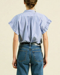 Marianne B Ruffle Slv Shirt in Blue/White Stripe