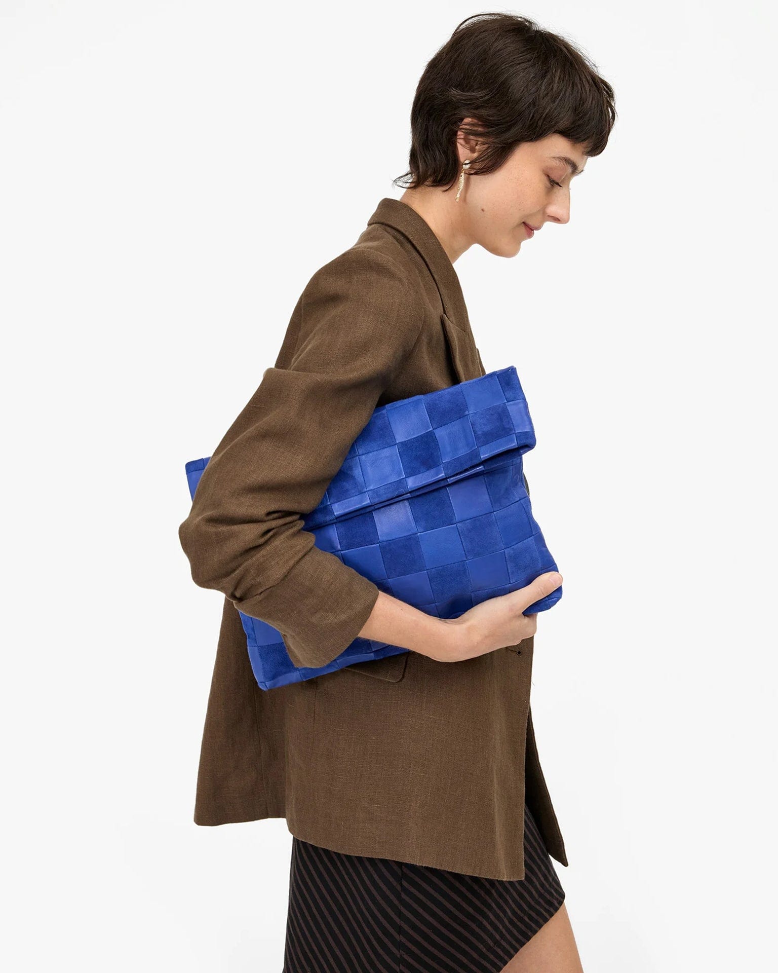 Clare V. Accessories Lagoon Carryall Clutch w/ Tabs - Nappa & Suede Checker in Lagoon