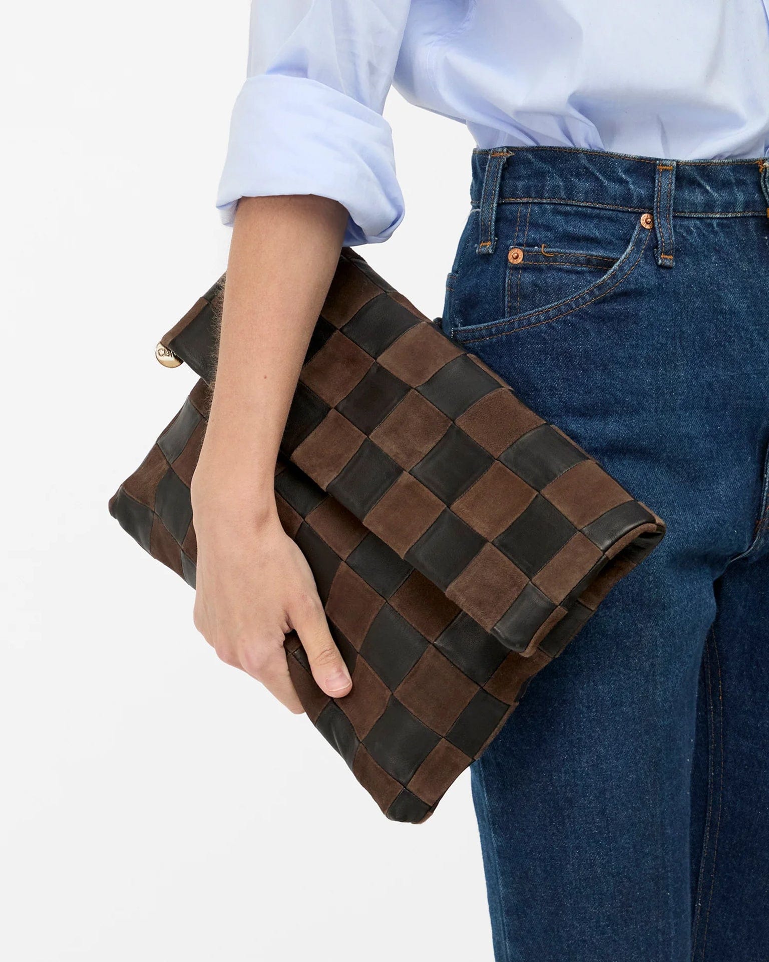 Clare V. Accessories Black/Chocolate Carryall Clutch w/ Tabs - Nappa & Suede Checker in Black/Chocolate