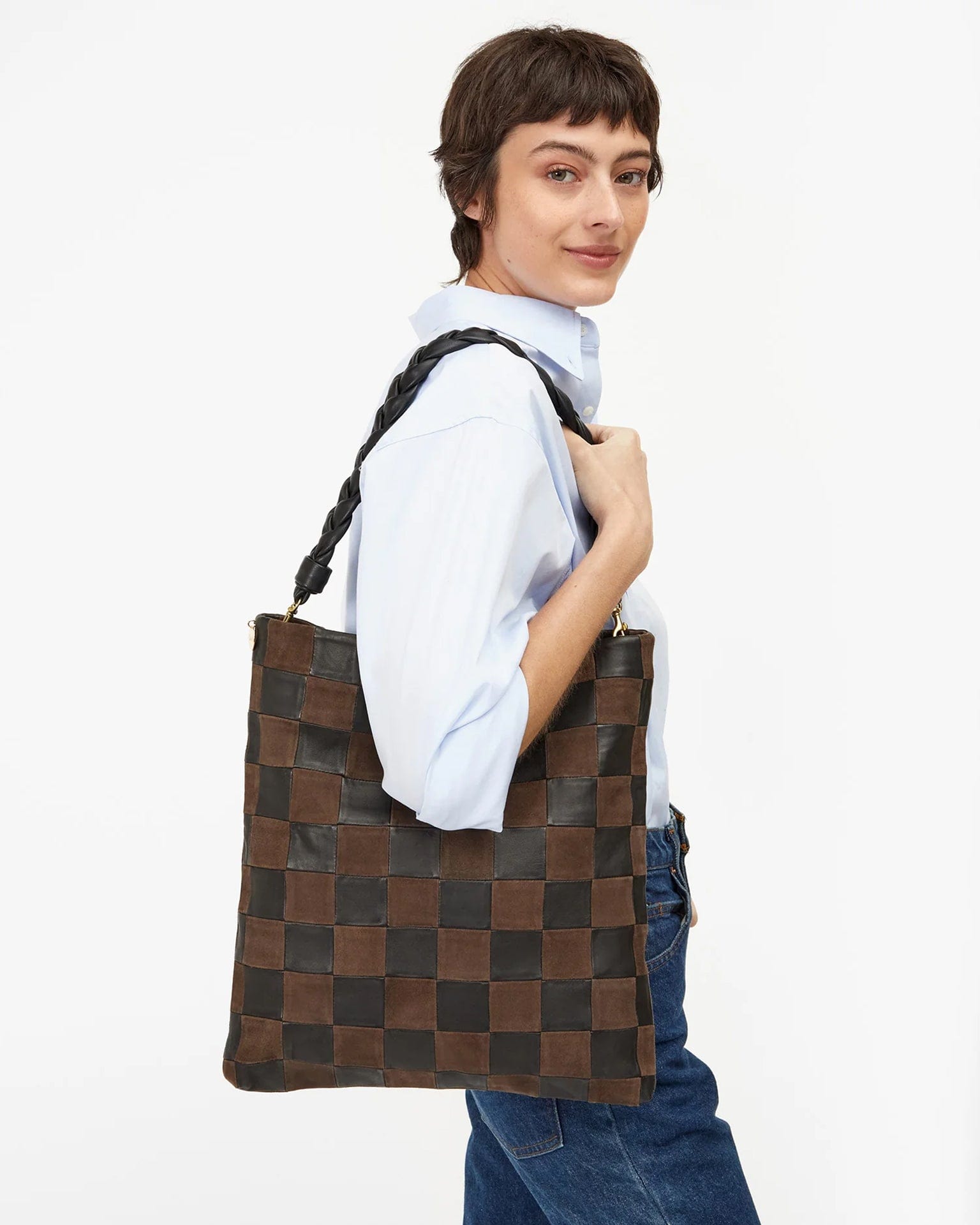 Clare V. Accessories Black/Chocolate Carryall Clutch w/ Tabs - Nappa & Suede Checker in Black/Chocolate