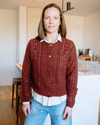 Pointelle Crew Neck Cardigan in Copper