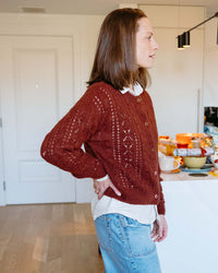 Pointelle Crew Neck Cardigan in Copper