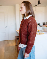 Pointelle Crew Neck Cardigan in Copper
