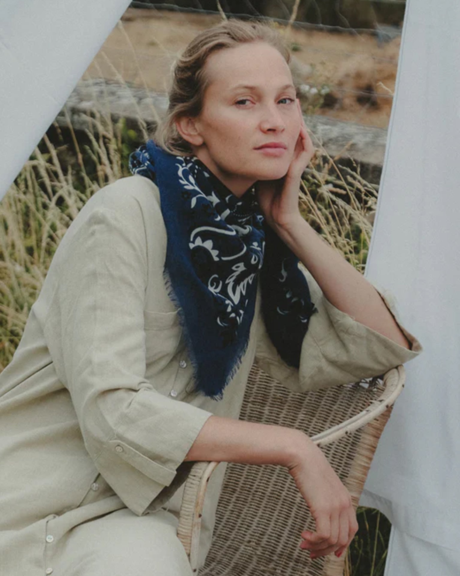 Maison Lecomte Flament Classic Wool & Silk Bandana in Navy