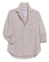 The Frank & Eileen Eileen Relaxed Button Up Shirt in Heather Camel features soft Italian flannel, a single chest pocket, and a relaxed fit. Long sleeves are rolled up, with a “Frank & Eileen 1947” label inside the collar.