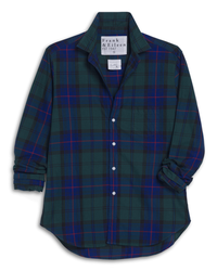 The Eileen Relaxed Button Up Shirt by Frank & Eileen features blue, green, and red plaid, a relaxed fit, slightly rolled sleeves, a chest pocket, and the brand’s signature est. 1947 label.