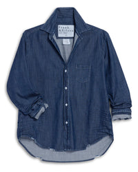 The Eileen Relaxed Button Up Shirt in Vintage Dark Wash by Frank & Eileen features Italian cotton, a relaxed fit, long sleeves, single chest pocket, and labeled collar. Slightly wrinkled and shown against a white background.