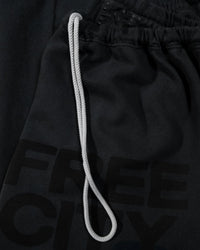 Close-up of the Free City FC Large Sweatpant in Volcano, made in the USA, featuring an elastic waistband, gray drawstring, and partially visible FREE CITY text in bold black on soft French Terry fabric.
