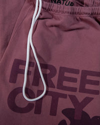 Close-up of the FC Large Sweatpant in Roses by Free City, crafted from soft French Terry with a white drawstring and bold FREE CITY lettering on the fabric.