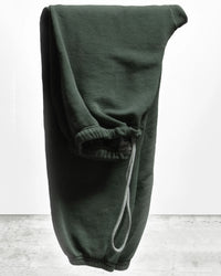 The Free City Basic Goodness OG Sweatpant in Tent, a pair of dark green French terry joggers with elastic cuffs and a drawstring waistband, is shown folded over a hanger against a plain light background.