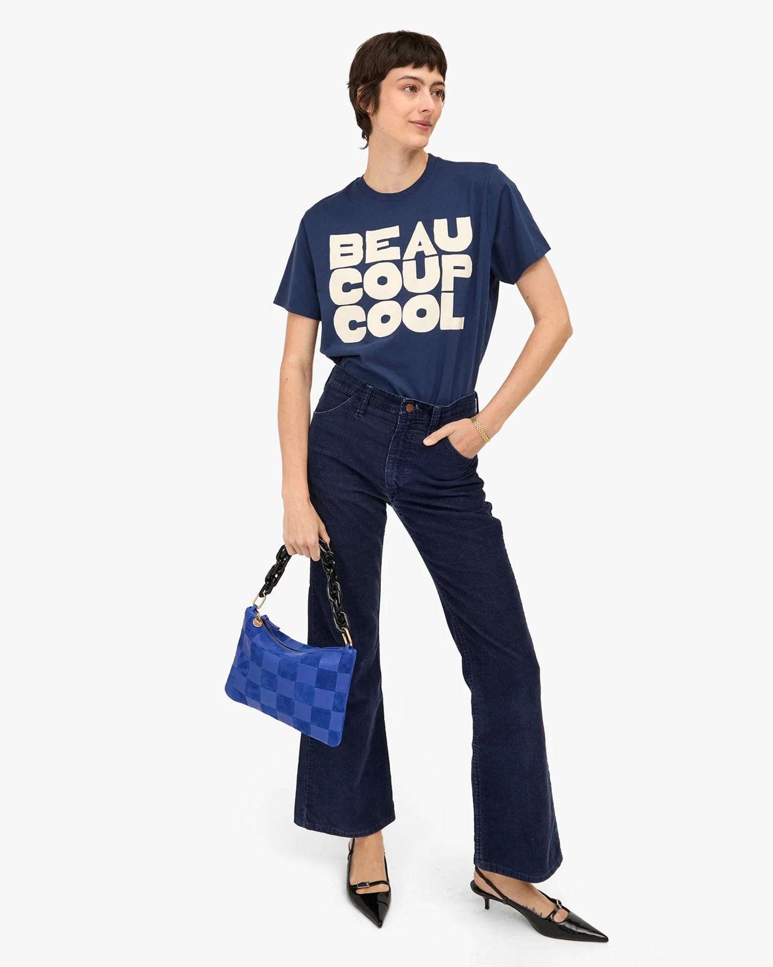 Clare V. Accessories Lagoon Flat Clutch w/ Tabs - Nappa & Suede Checker in Lagoon