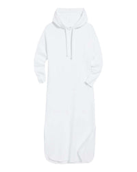 The Frank & Eileen Mini James Hooded Cape Dress in White French Terry features long sleeves, a drawstring hood, and a relaxed fit, shown on a plain background.