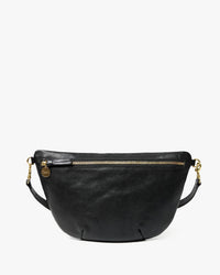 The Clare V. Grande Fanny - Petit Caviar in Black is a black Italian leather bag with gold zipper and hardware, a textured finish, and a detachable shoulder strap, shown against a plain white background.