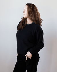 Crew Neck Roll Sleeve Pullover in Black - Bliss Boutiques