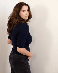 Cropped Elbow Sleeve Rib Turtleneck in Navy - Bliss Boutiques