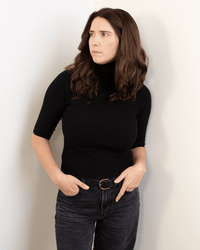 Cropped Elbow Sleeve Rib Turtleneck in Black - Bliss Boutiques