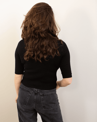 Cropped Elbow Sleeve Rib Turtleneck in Black - Bliss Boutiques