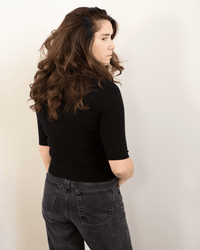 Cropped Elbow Sleeve Rib Turtleneck in Black - Bliss Boutiques