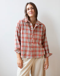 Lili No Pkt Shirt in Coral & Light Blue Plaid
