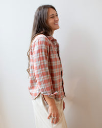 Lili No Pkt Shirt in Coral & Light Blue Plaid