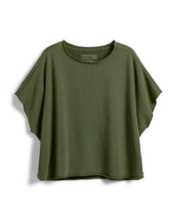 The Frank & Eileen Olive Original Capelet in Caper is a loose, short-sleeve tee crafted from soft triple fleece, featuring wide sleeves and a relaxed, boxy fit, shown against a plain white background.