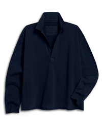 The Frank & Eileen Patrick Popover Henley in Tide Heritage Jersey, a long-sleeve 100% cotton shirt with a collar and short buttonless placket, is shown laid flat on a white background.