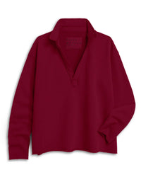 The Frank & Eileen Patrick Popover Henley in Garnet French Terry is a women's long-sleeve top with a wide open collar and relaxed fit, shown laid flat against a white background.