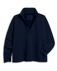 The Frank & Eileen Patrick Popover Henley in Tide Triple Fleece features long sleeves, a collar, and a V-neck opening. Shown flat on a white background, this navy top has a simple finish at the hem and sleeves.