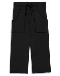 Frank & Eileens Penny Patch Pocket Sweatpant in Black features a relaxed, cropped wide-leg fit, elastic drawstring waist, large front patch pockets, and raw hem—perfect for effortless, everyday comfort.