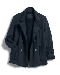 The Belfast Sweatshirt Peacoat in British Royal Navy by Frank & Eileen is a black, double-breasted blazer inspired by the classic English peacoat, featuring raw edges, two large front pockets, and a partially rolled sleeve, laid flat on a white background.