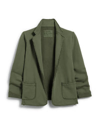 The Dublin Knit Blazer in Caper by Frank & Eileen features triple fleece for comfort, a notched lapel, two front pockets, raw edges, and rolled-up sleeves for a relaxed look.