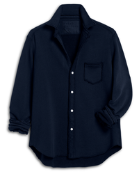 The Frank & Eileen Eileen-Relaxed Button Up Shirt in Tide Triple Fleece is a long-sleeve, dark navy shirt with a chest pocket and rolled-up sleeves, shown laid flat on a white background.