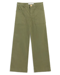 The Frank & Eileen Limerick Wrap Pocket Pant in Olive, a wide-leg utility style with large front patch pockets, button closure, and belt loops at the waistband, is shown laid flat on a white background.