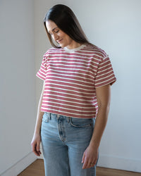Brissa Short Sleeve Crew Neck Top in Natural/Red - Bliss Boutiques
