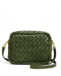 Clare V Midi Sac in Army Puffy Woven leather with gold-tone hardware on a white background.