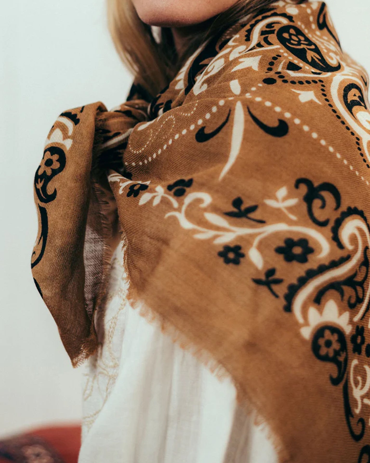 Maison Lecomte Flament Classic Wool & Silk Bandana in Camel